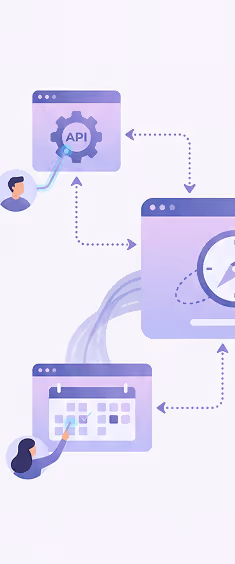 Illustration showing interconnected digital windows with API gear icon, clock, and calendar, linked by dotted arrows and accompanied by two figures.