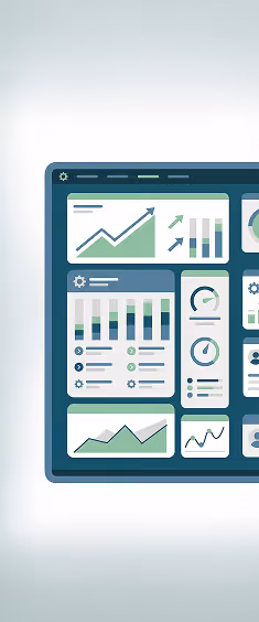 Dashboard interface with various data visualization widgets including line charts, bar charts, pie chart, and speedometer gauges.