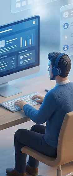 Man wearing headphones and blue sweater working on a computer displaying data charts and analytics on screen.