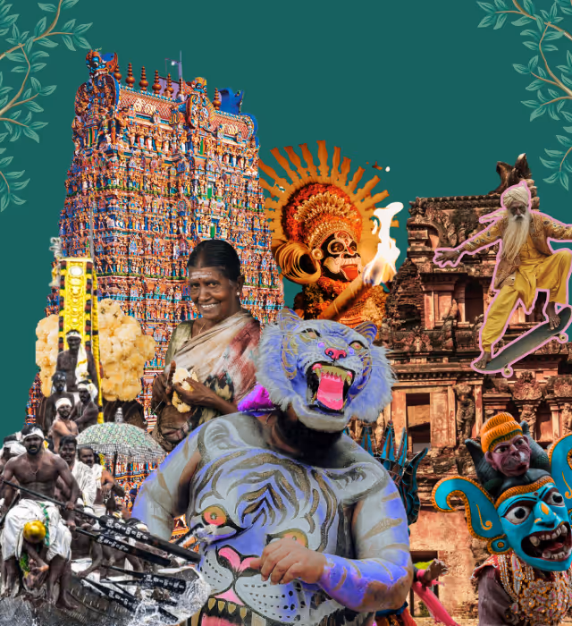 Collage of traditional Indian cultural elements including a colorful temple tower, a woman in a sari, a fire dancer in elaborate costume, a tiger dancer, an elderly man skateboarding, and a historic stone temple.