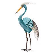 Illustration of a stylized crane bird with teal body, orange beak, and long black legs.