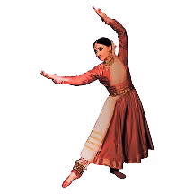 Woman in traditional Indian dance attire performing a graceful dance pose with one arm extended forward and the other raised above her head.