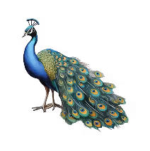 Peacock with vibrant blue body and elaborate green tail feathers with eye-like patterns.